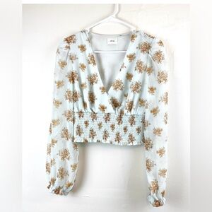 Wilfred Aritzia Boho Smocked Crop Top Mint Green Floral Sheer Balloon Sleeves S